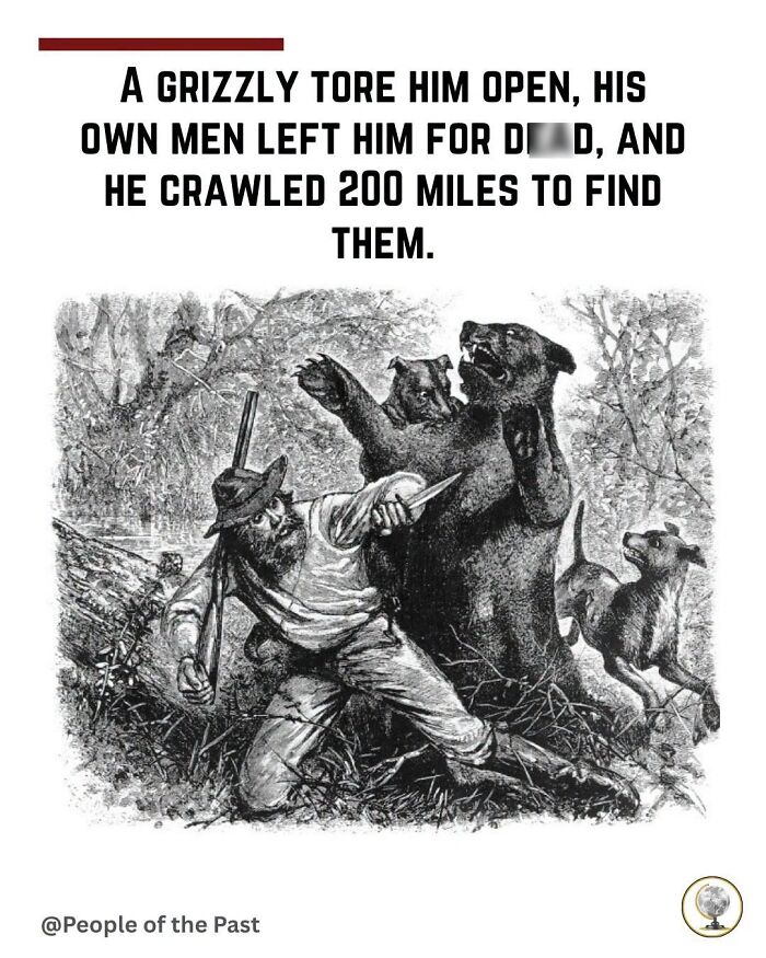 A historical post featuring an illustration of a man fighting a grizzly bear, an intense historical post.