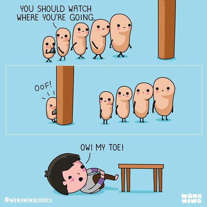 A Wawawiwa comic showing a row of beans bumping into a pole, turning ordinary things into adorable characters.