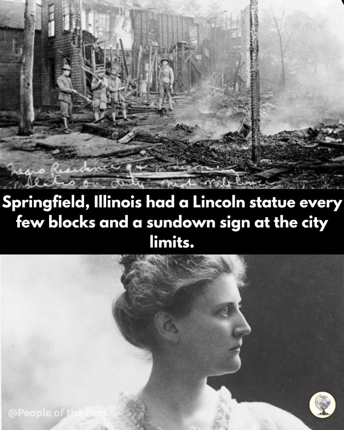 Historical post showing the aftermath of a fire in Springfield, Illinois, and a portrait of a woman.