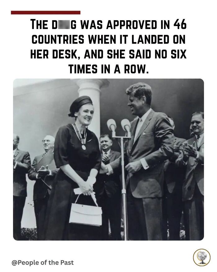 Historical post: President Kennedy presenting an award to a woman in a ceremony, surrounded by other people.