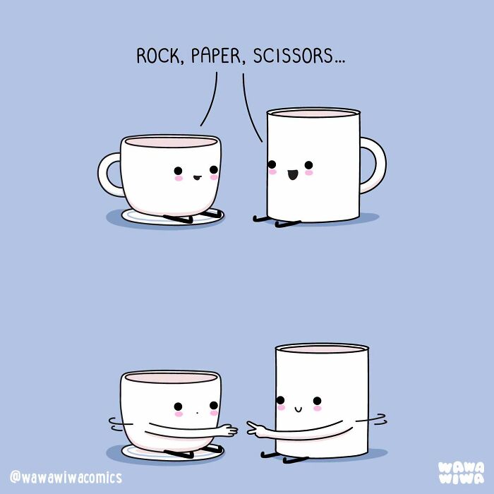 Wawawiwa comic showing two cups playing rock, paper, scissors, turning ordinary things into adorable characters.
