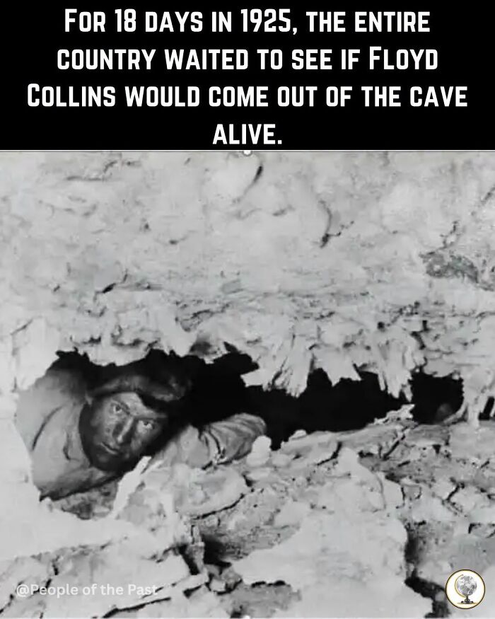 A black and white image of Floyd Collins trapped in a narrow cave passage, a historical post.