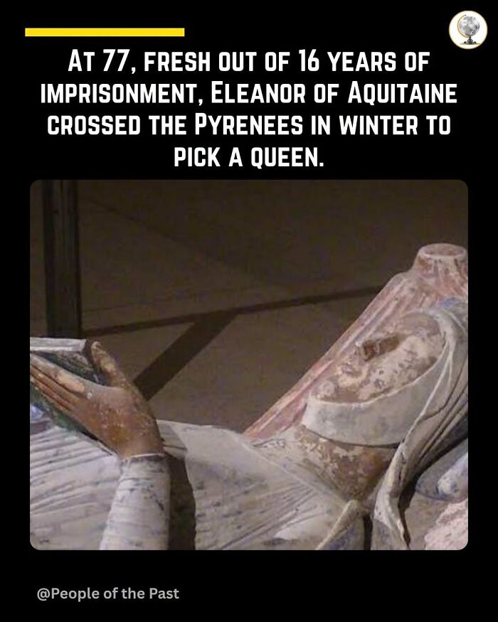 A historical post showing the tomb effigy of Eleanor of Aquitaine, who crossed the Pyrenees.