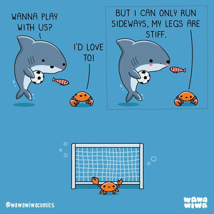 A Wawawiwa comic showing a shark playing soccer with crabs, turning ordinary things into adorable characters.