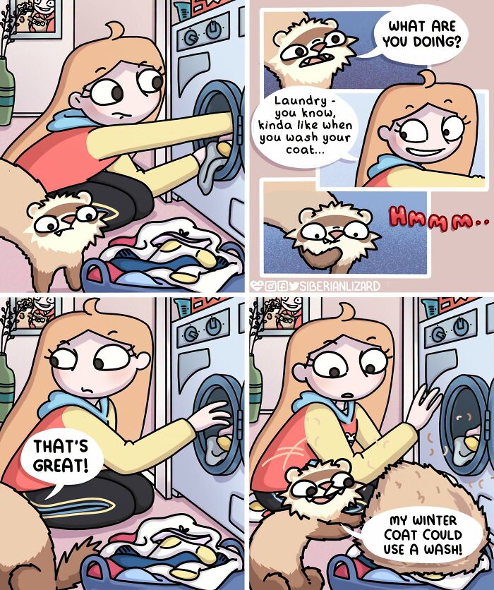 Siberian girl doing laundry with two ferrets in funny daily life comic