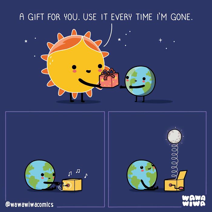 A Wawawiwa comic showing the sun giving Earth a gift, which is the moon, turning ordinary things into adorable characters.
