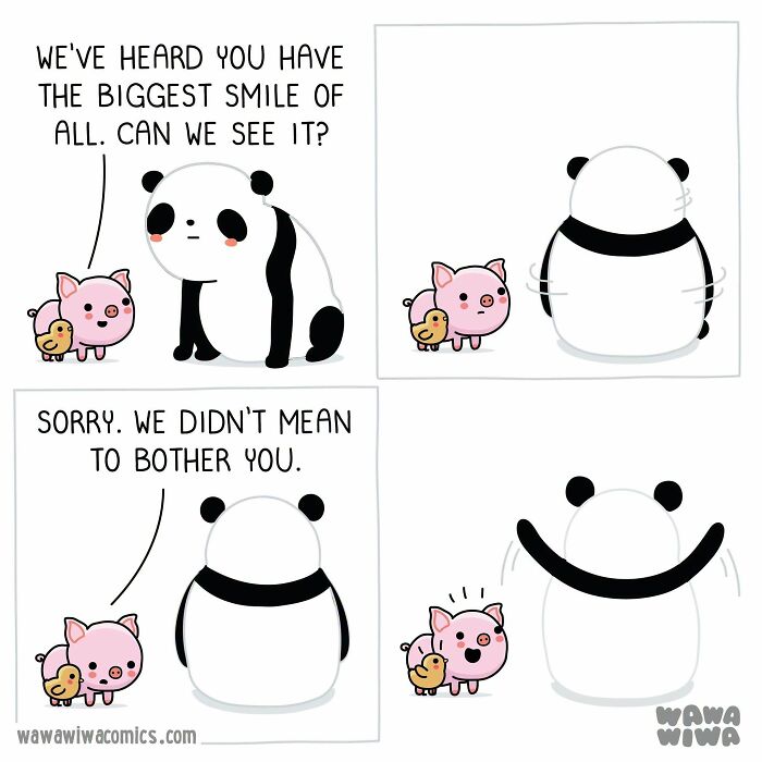 A Wawawiwa comic shows a panda, pig, and chick. The panda reveals a huge smile to the pig and chick. These new comics are adorable.
