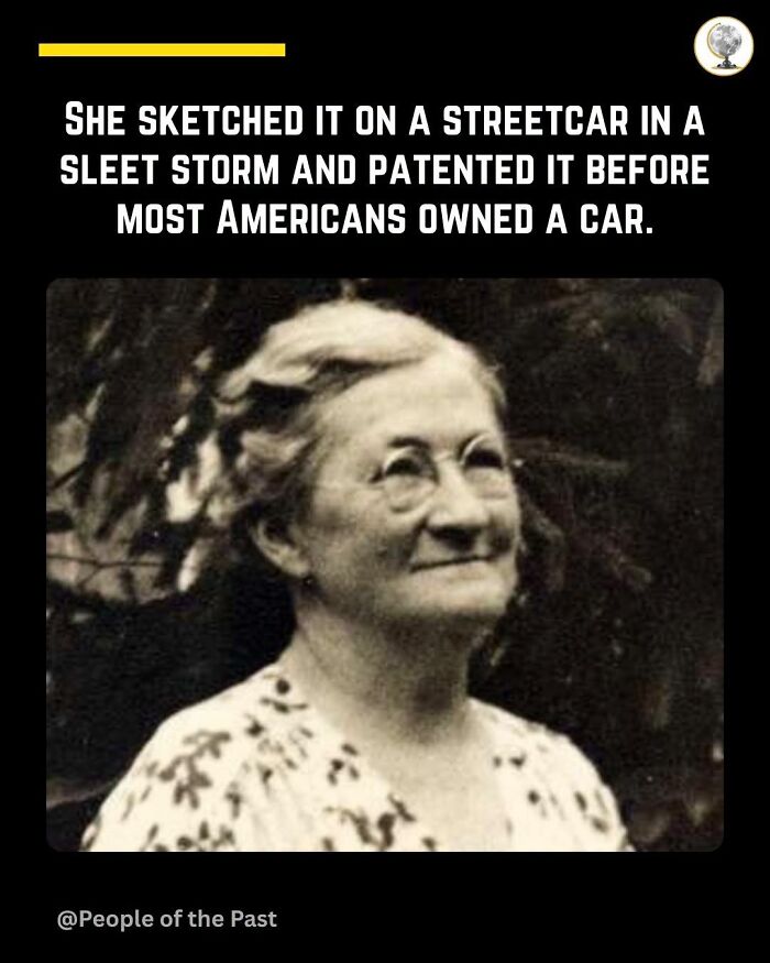 A black and white historical post of a woman, Mary Anderson, who invented the windshield wiper.