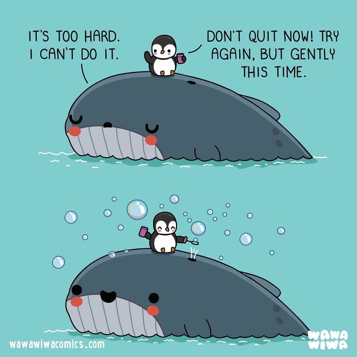 A Wawawiwa comic shows a small penguin learning to blow bubbles on a whale's back. These new comics feature adorable characters.