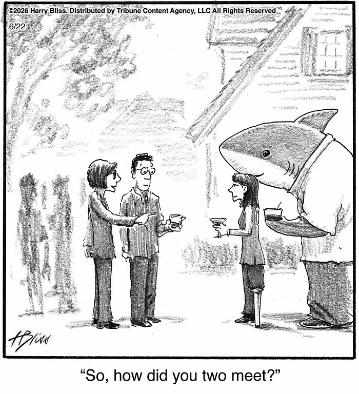 A New Yorker Magazine cartoonist's one-panel comic shows a person in a shark costume at a social gathering.