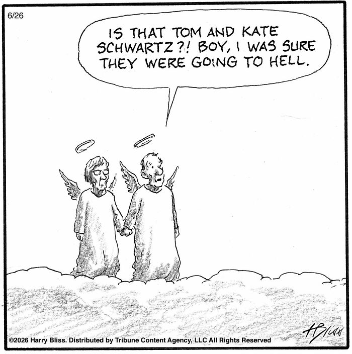 A New Yorker Magazine cartoonist's one-panel comic depicts two angels with halos looking surprised on a cloud.