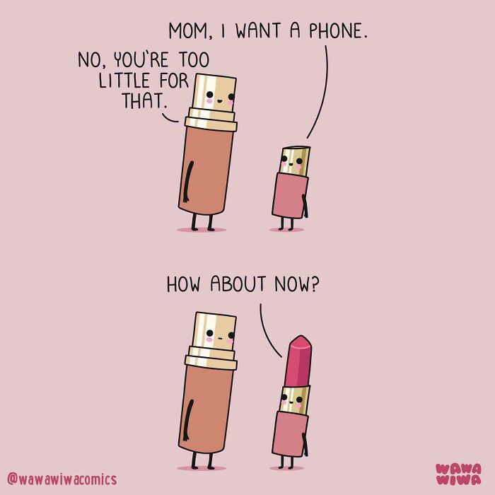 A Wawawiwa comic of a USB stick parent denying a phone to its tiny USB stick child. The child then becomes a lipstick. These comics are adorable.