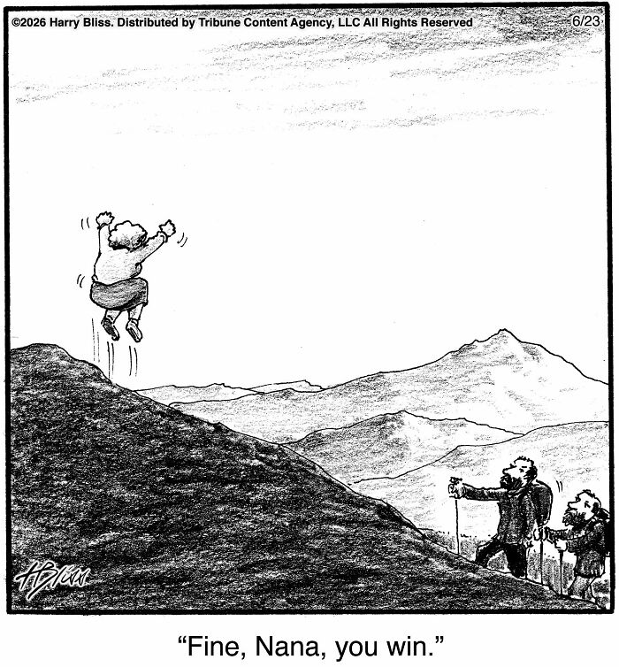 A New Yorker Magazine cartoonist's one-panel comic shows an elderly woman joyfully jumping on a mountain path.