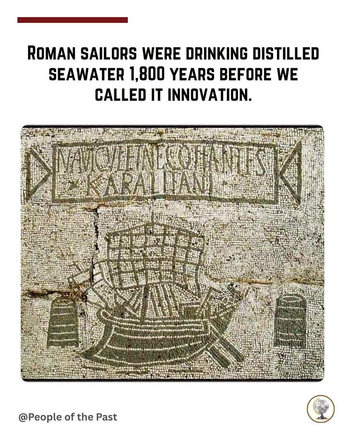 A historical post featuring a Roman mosaic depicting a ship and Latin text, showing ancient innovation.