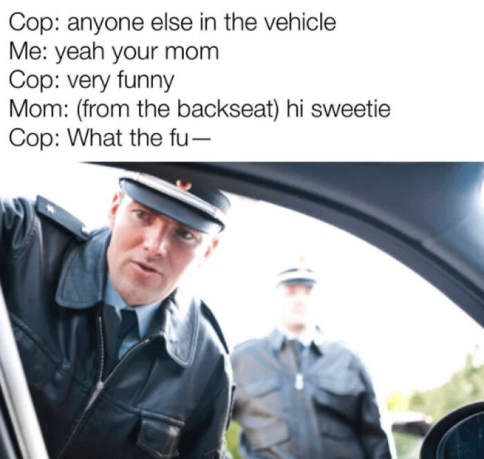 A blursed meme text conversation with a cop, driver, and mom, leading to a blursed moment.