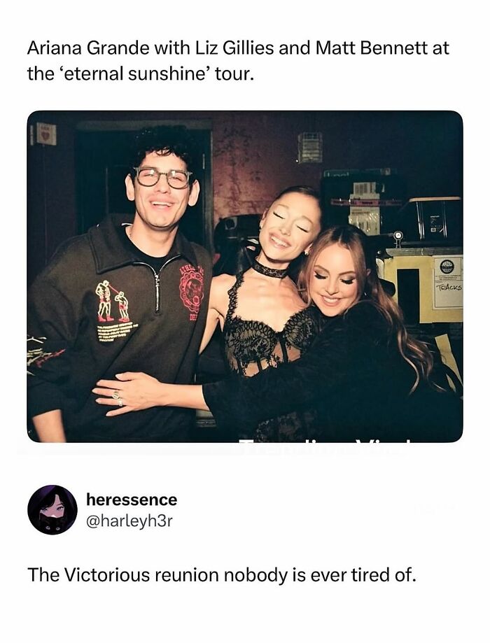 Ariana Grande, Liz Gillies, and Matt Bennett at the eternal sunshine tour, a pop culture post for instant good vibes.