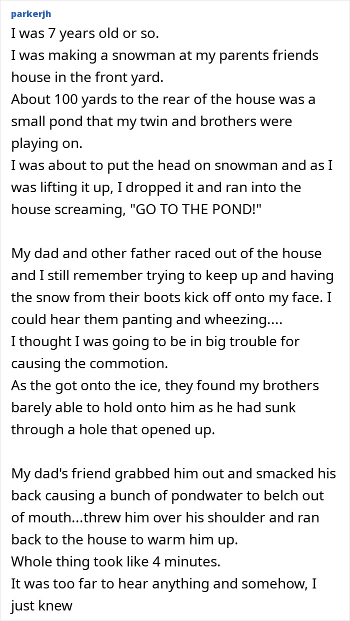 A screenshot displaying a gut-feelings story about a childs intuition saving brothers from drowning, a powerful real-life event.