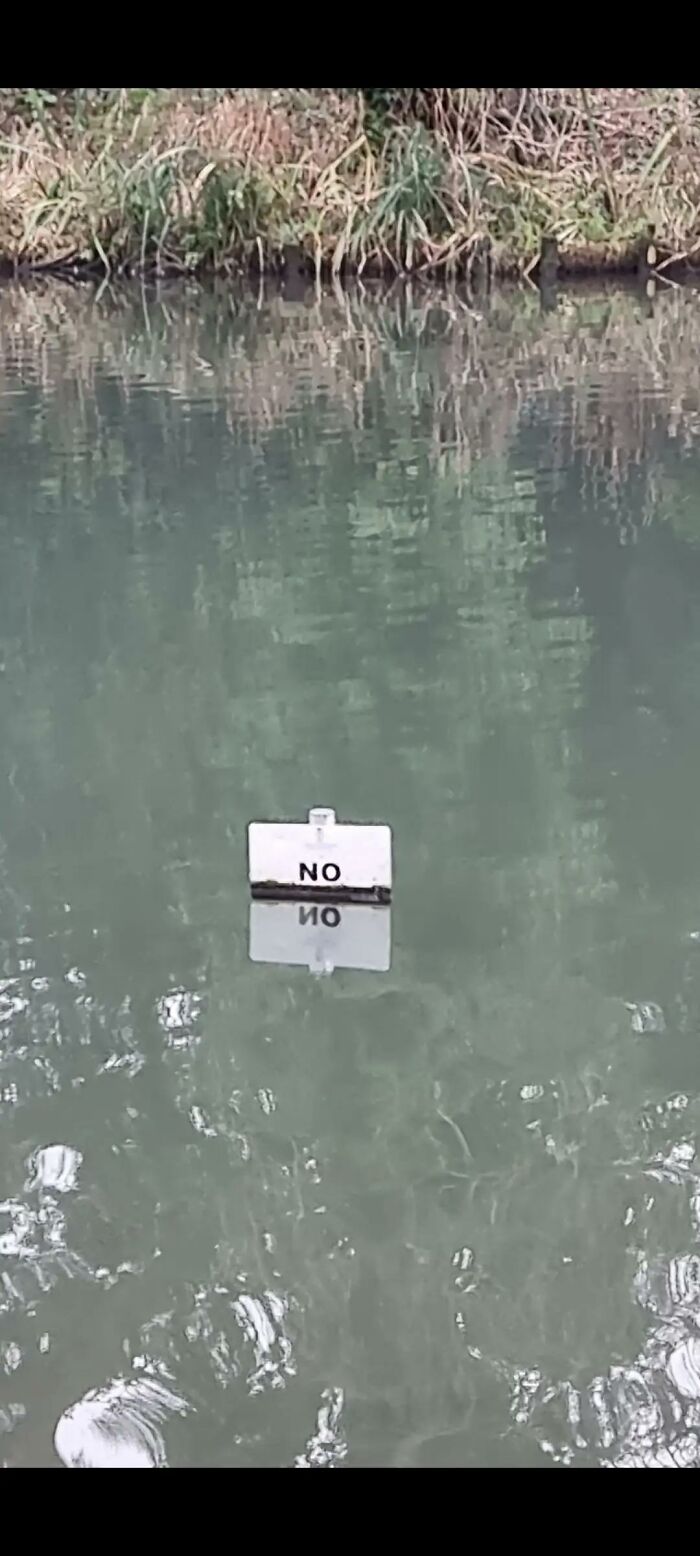 A bizarre sign in the middle of water that says NO and its reflection also says NO, raising questions.