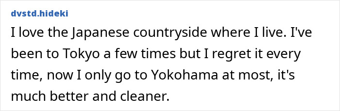 Screenshot of a comment about the dark side of Japan, comparing Tokyo negatively to the Japanese countryside and Yokohama.