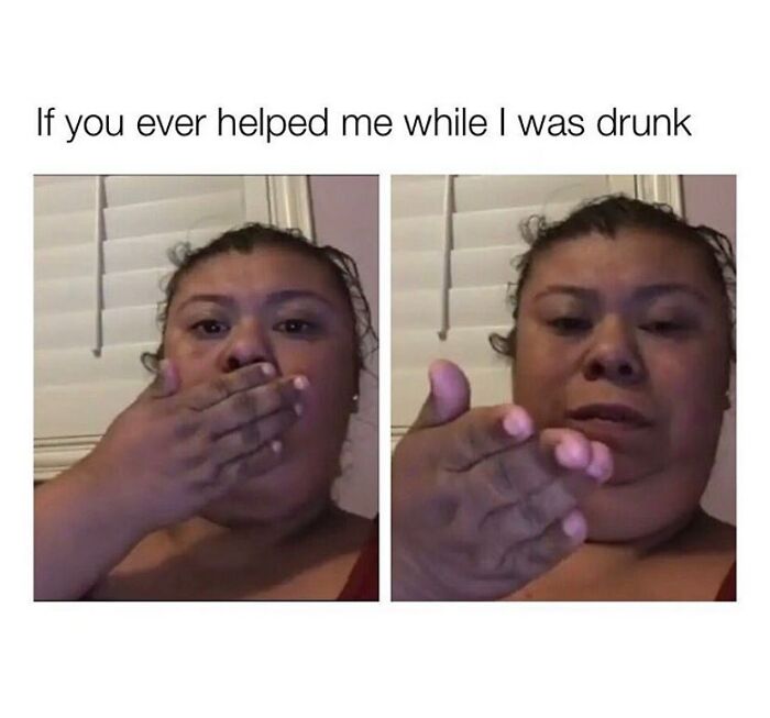 Woman expressing thanks for help while drunk in two side-by-side photos