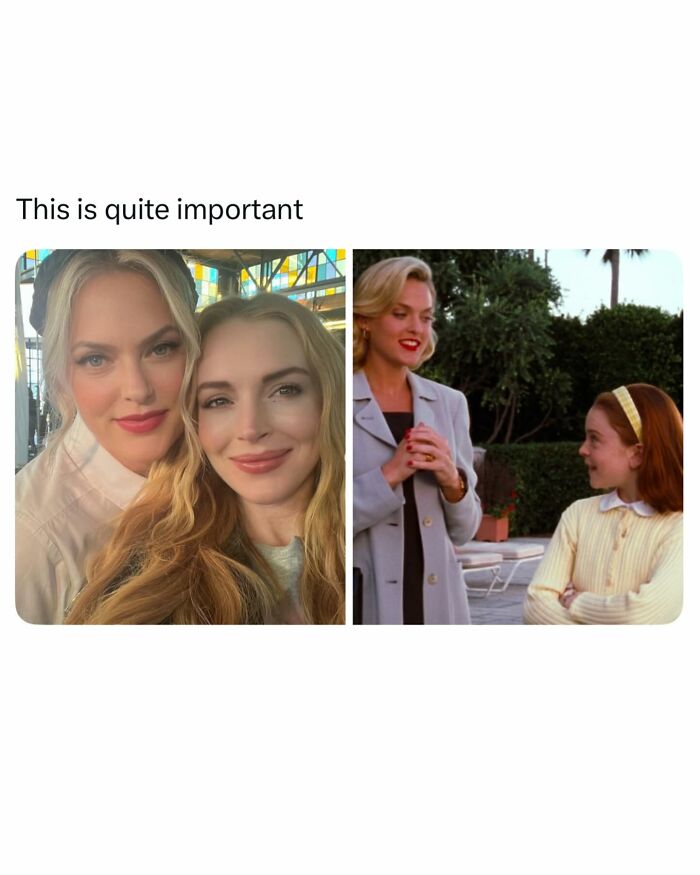A split image showing Lindsay Lohan and an older woman in two different pop culture contexts, radiating good vibes.