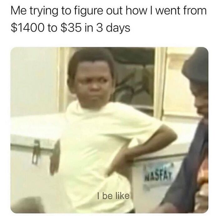 Meme showing a boy confused about losing money quickly
