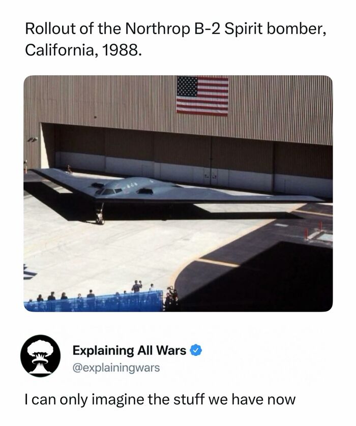 Rollout of the Northrop B-2 Spirit bomber in California, a historical moment in military technology and wars.