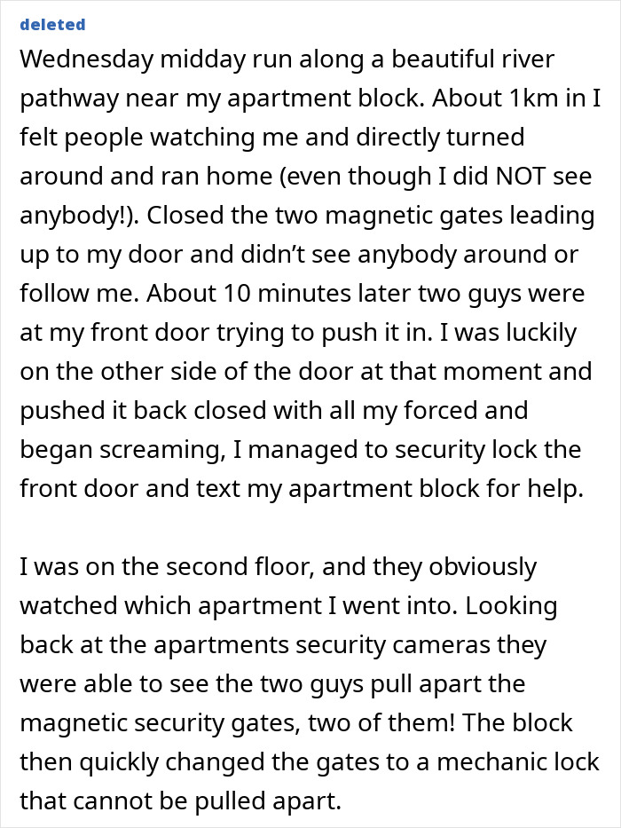 A person describes an experience where gut feelings about a run led to avoiding a home invasion.