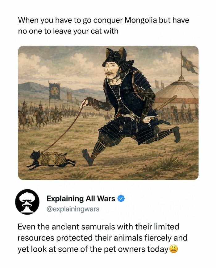 A samurai warrior with his cat, illustrating a unique aspect of historical figures and their connection to wars.