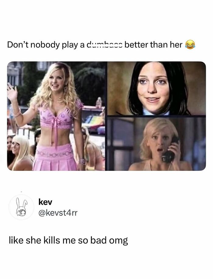 A collage showing a blonde actress in different pop culture scenes, portraying a playful character with good vibes.