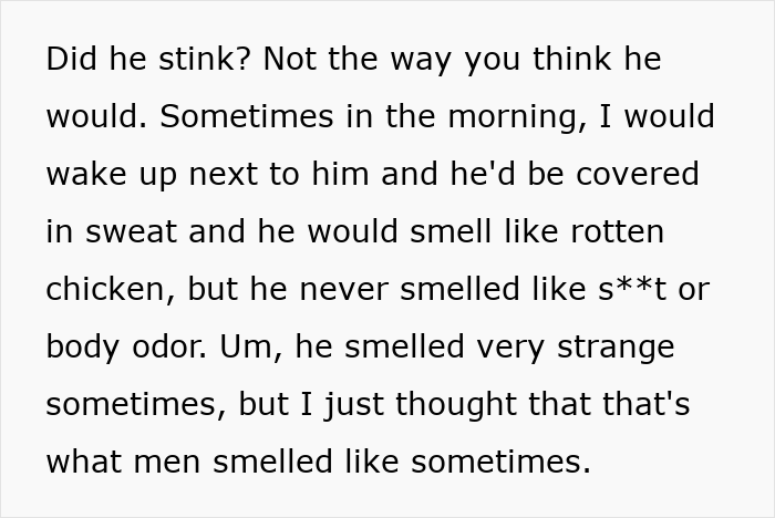Text noting boyfriend smells like rotten chicken but not typical body odor Text noting boyfriend smells like rotten chicken but not typical body odor
