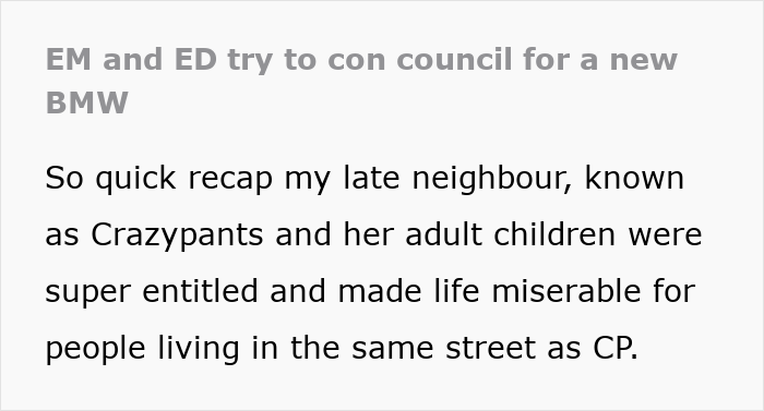 Text excerpt about entitled neighbor and their adult children Text excerpt about entitled neighbor and their adult children