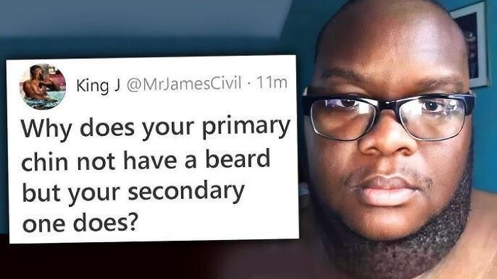 A tweet with a savage burn asking about a man's primary vs secondary chin beard.
