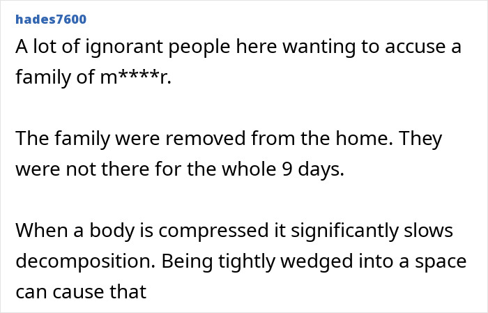 Comment discussing slow decomposition of body found under bed in missing child case