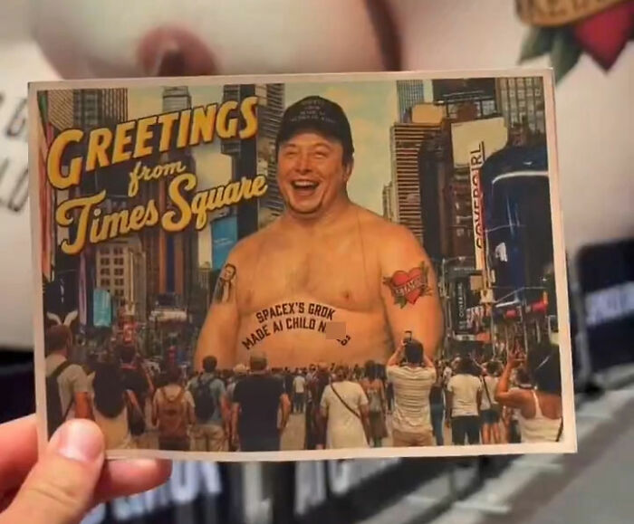 Postcard showing a shirtless Elon Musk with tattoos in Times Square scene