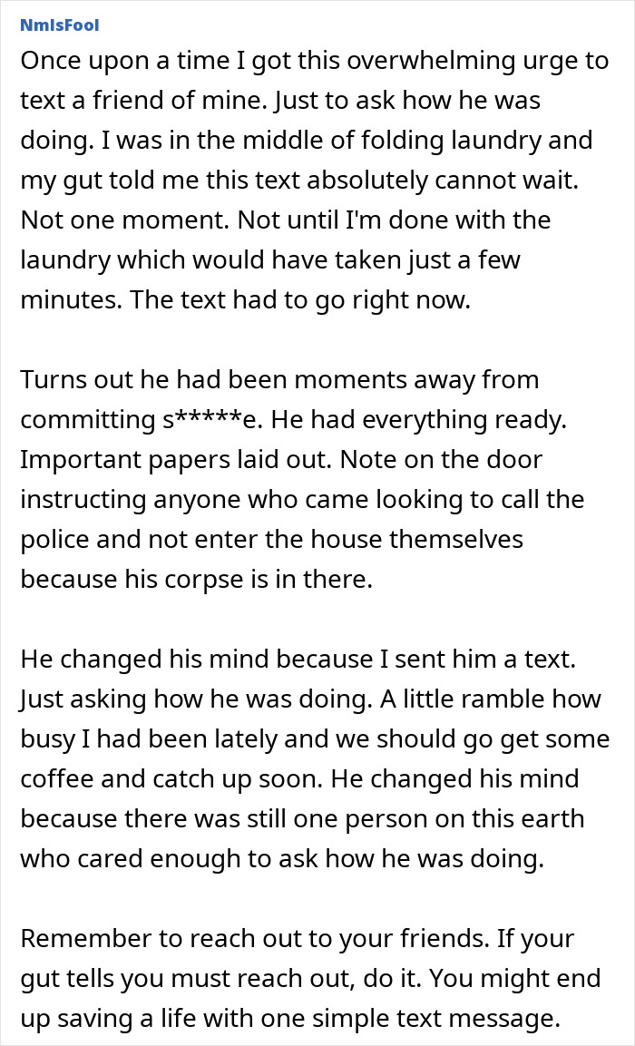 A screenshot of a gut-feelings story where a sudden urge to text a friend prevents a tragedy, highlighting real-life impact.