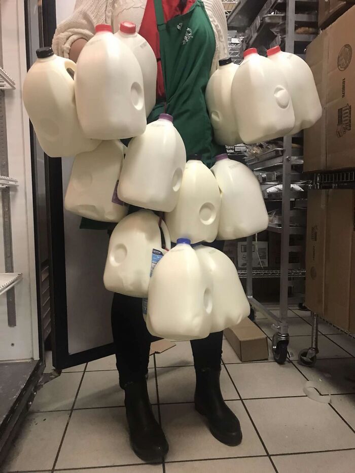 A person in an apron carries numerous gallon jugs of milk, a bizarre scene raising questions.