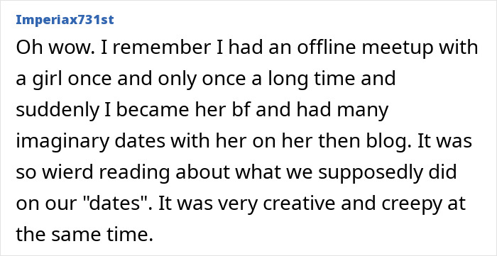 A screenshot of a comment from Imperiax731st about discovering fake photos and imaginary dates. A screenshot of a comment from Imperiax731st about discovering fake photos and imaginary dates.