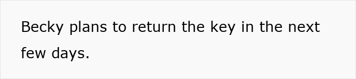 A short text snippet about Becky returning the key, connected to the creepy friend's plot to steal her hubby.