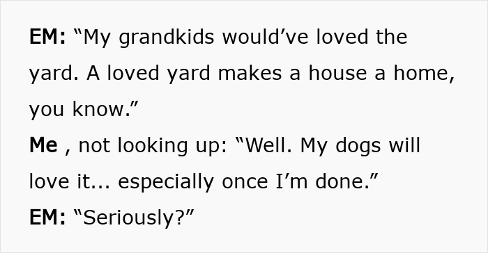 A screenshot of a dialogue where the Karen character mentions, 'My grandkids would've loved the yard.' A screenshot of a dialogue where the Karen character mentions, 'My grandkids would've loved the yard.'