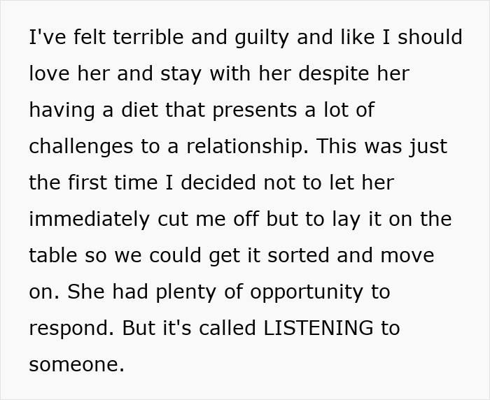 A screenshot of text on challenges in a picky eater girlfriend relationship. A screenshot of text on challenges in a picky eater girlfriend relationship.