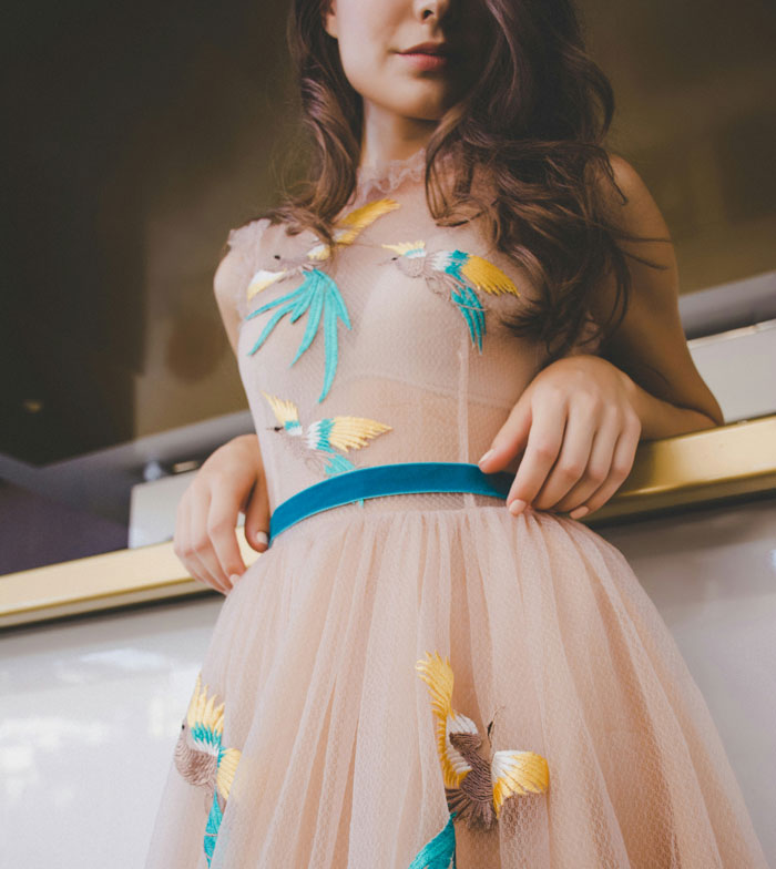 Woman wearing dress with colorful bird embroidery detail