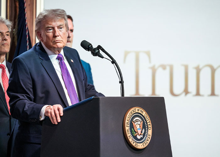 Trump at podium during a speech on presidential health Trump at podium during a speech on presidential health