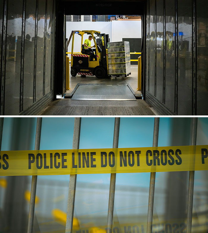 A forklift operating in a warehouse and a police line do not cross tape, illustrating rookie mistakes and tragedies.
