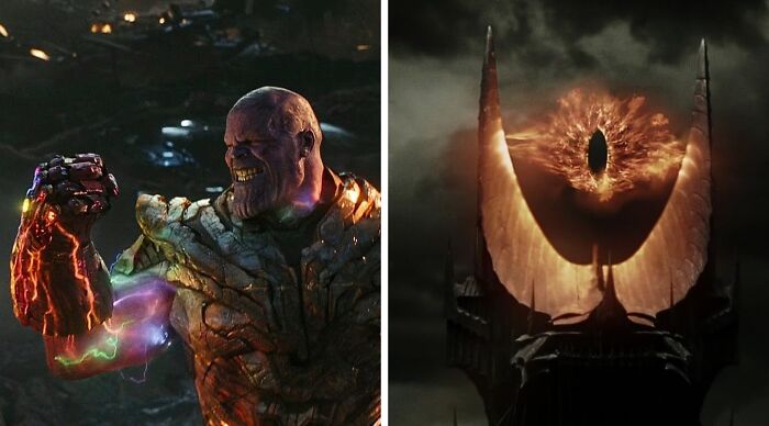 A split image for the Popular Fiction And Movies Would You Rather Poll, showcasing Thanos and the Eye of Sauron.