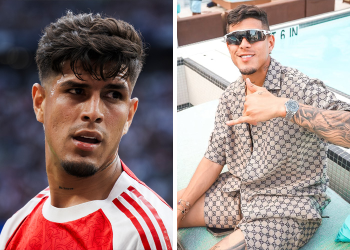 A split image of a World Cup heartthrob, one side in a soccer uniform, the other in stylish casual wear by a pool.