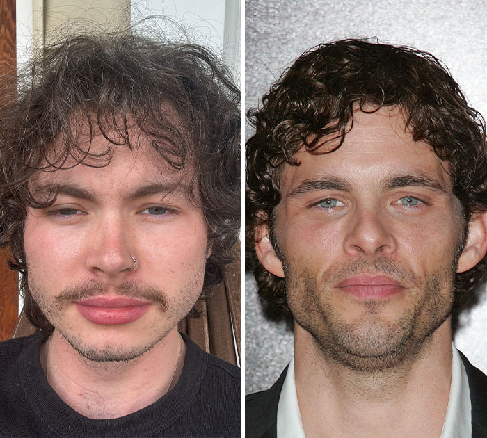 Famous dad-son duo James Marsden and Jack Marsden, looking like clones with similar curly hair and facial features.