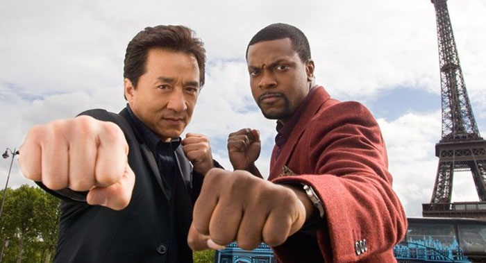 Jackie Chan and Chris Tucker in a fighting stance, challenging myths about men and women.