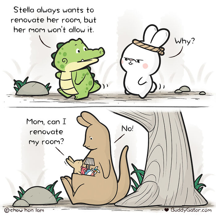 Wholesome comics: an alligator and friends discuss room renovation, with a joey wanting to renovate by this artist.