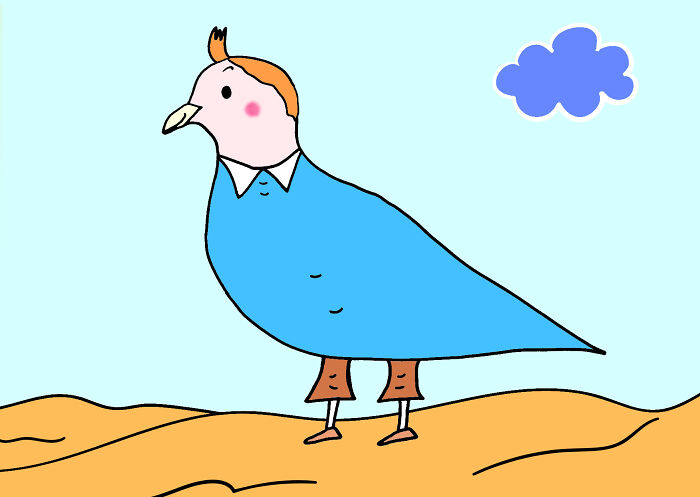An adorable dove character dressed in a blue shirt with a collar and brown pants, standing on sandy ground.